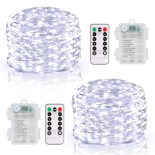 DBFAIRY 2 Pack Lichterkette Batteriebetrieben mit Fernbedienung, 10M 100 LED Twinkle Lights Wasserdicht Silberdraht Lichterkette 8 Modi Dimmbar für Schlafzimmer Party Dekoration (Kaltweiß) von DBFAIRY