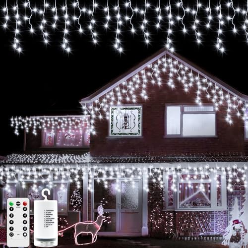 DBFAIRY Eiszapfen Outdoor Weihnachtslichter, 6M 300 LED Eisregen Lichterkette Batteriebetrieben mit Fernbedienung Wasserdicht Vorhang Lichterkette für Fenster Pavillon Balkon Traufe Dekor - Kaltweiß DBFAIRY Eiszapfen Outdoor Weihnachtslichter, 6M 300 LED Eisregen Lichterkette Batteriebetrieben mit Fernbedienung Wasserdicht Vorhang Lichterkette für Fenster Pavillon Balkon Traufe Dekor - Kaltweiß von DBFAIRY