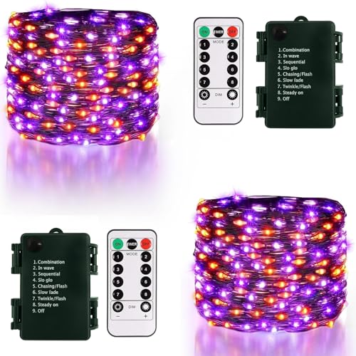 DBFAIRY Halloween Lichterkette Batterie Lila Orange, 2x10M 100 LED Lichterkette Batterie mit Fernbedienung 8 Modi und Timer, Wasserdicht Halloween Lichterketten Draht für Innen Außen Party Hochzeit von DBFAIRY