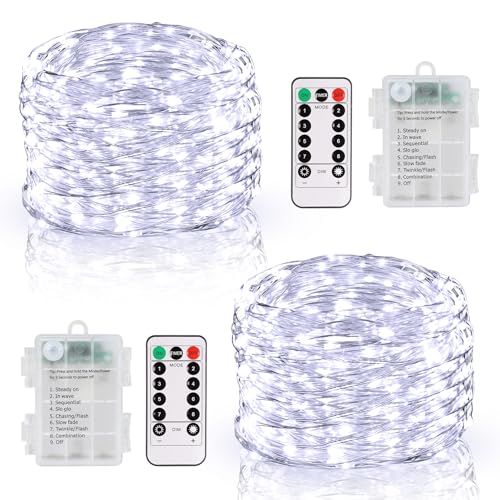 DBFAIRY Lichterkette Batterie, 2x10M 100 LED Lichterkette Batterie mit Fernbedienung 8 Modi und Timer, Wasserdicht Lichterkette Draht für Innen Außen Party Hochzeit Weihnachten Deko (Weiß) von DBFAIRY