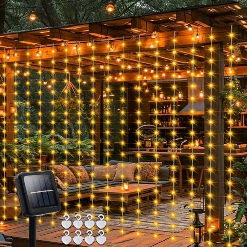 DBFAIRY Solar-Vorhanglichter, 2,4 m x 1,8 m, 144 LEDs, für den Außenbereich, wasserdicht, mit Timer, 8 Modi, für Garten, Terrasse, Zaun, Pavillon, Dekor (Warmweiß) von DBFAIRY