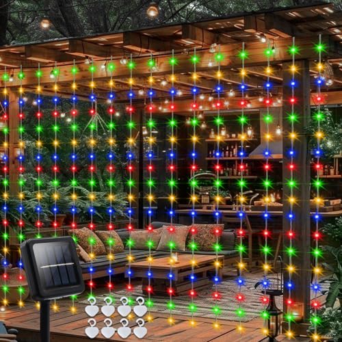 DBFAIRY Solar-Vorhanglichter, 2,4 m x 1,8 m, 144 LEDs, für den Außenbereich, wasserdicht, mit Timer, 8 Modi, für Garten, Terrasse, Zaun, Pavillon, Dekor (mehrfarbig) von DBFAIRY