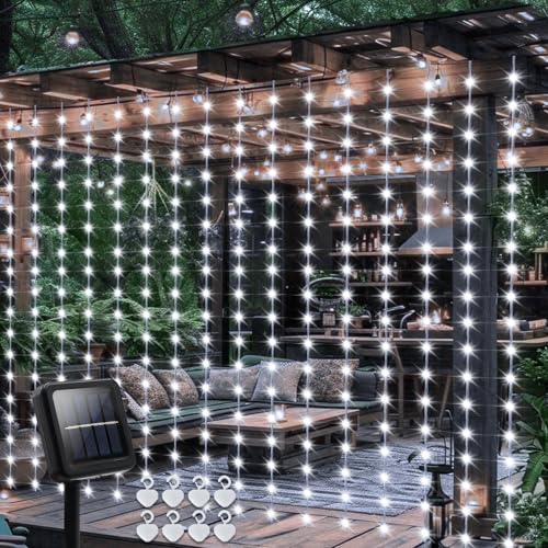 DBFAIRY Solar-Vorhanglichter für den Außenbereich, 2,4 m x 1,8 m, 144 LEDs, wasserdicht, mit Timer, 8 Modi, für Garten, Terrasse, Zaun, Pavillon, Dekor (Kaltweiß) von DBFAIRY