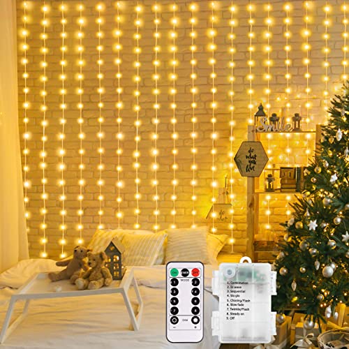 Lichtervorhang 2x2m 200 LED Lichterkettenvorhang 8 Modi LED Lichterkette Fernbedienung Timer verstellbare Helligkeit für Weihnachten Party Innen und außen Deko (Warmweiß) von DBFAIRY