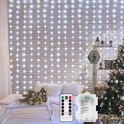 Lichtervorhang 2x2m 200 LED Lichterkettenvorhang 8 Modi LED Lichterkette Fernbedienung Timer verstellbare Helligkeit für Weihnachten Party Innen und außen Deko (Weiß) von DBFAIRY