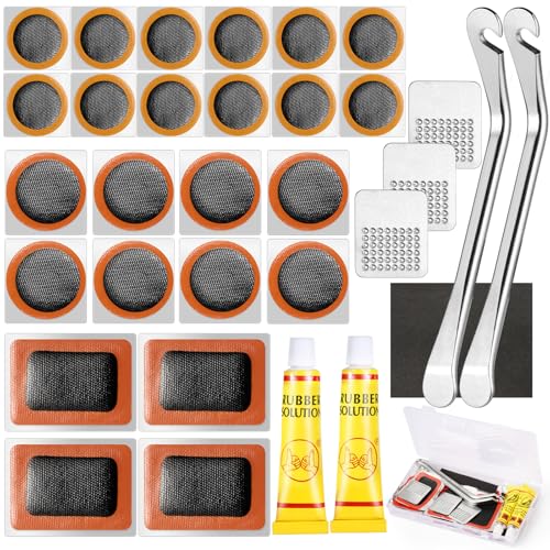 33Stks Fahrradreifen Flickset, Tragbares Fahrrad Flickzeug Set, Fahrradpannen Reparaturset mit Hebel Metallraspeln Kleber Schleifpapier, Fahrradschlauch Reparaturset für Pendlerfahrräder BMX Reifen von DBTW