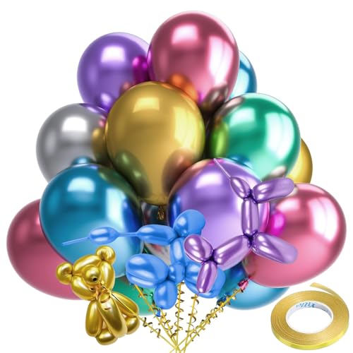 Modellierballon-Set, 60 Stück, 30,5 cm, metallische mehrfarbige Luftballons, lange Drehballons, natürlicher Chromballon, glänzende Gummiballons mit goldenem Band, Regenbogen-Latexballon für Modellierballon-Set, 60 Stück, 30,5 cm, metallische mehrfarbige Luftballons, lange Drehballons, natürlicher Chromballon, glänzende Gummiballons mit goldenem Band, Regenbogen-Latexballon für von DBTW