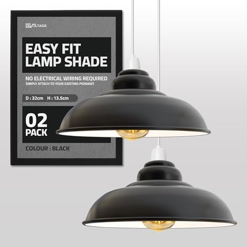 DC VOLTAGE Moderner industrieller Deckenlampenschirm aus Metall, 32 cm großer, kurviger, einfach zu montierender Hängelampenschirm mit kostenloser Reduzierplatte für Wohnzimmer (Schwarz – 2er-Pack) von DC VOLTAGE