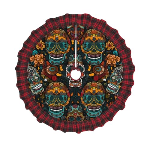 Bunte Weihnachtsbaumdecke mit Zuckerschädeln, bedruckt, 121,9 cm, Weihnachtsbaum-Dekoration, Bauernhaus-Baumröcke mit roten Karo-Dekorationen für Zuhause, Party, Urlaub, Dekoration Bunte Weihnachtsbaumdecke mit Zuckerschädeln, bedruckt, 121,9 cm, Weihnachtsbaum-Dekoration, Bauernhaus-Baumröcke mit roten Karo-Dekorationen für Zuhause, Party, Urlaub, Dekoration von DCARSETCV