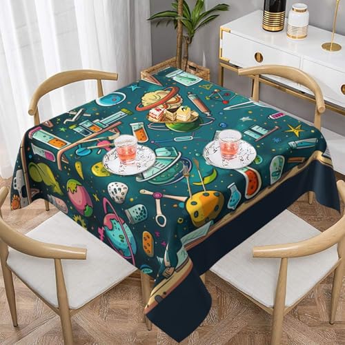 DCARSETCV Quadratische Tischdecke mit Cartoon-Wissenschaftsthema, bedruckt, 137,2 x 137,2 cm, Stoff-Tischdecke, waschbar, Tischdecke für Küche, Esszimmer, Dekoration, Hochzeitsfeiern von DCARSETCV