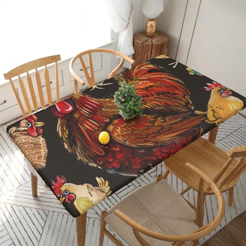 DCARSETCV Rechteckige Tischdecke mit Hühner-Aufdruck, Blumenmuster, passend für 152 cm Tisch, Stoff, elastischer Rand, Tischdecke für Küche, Esszimmer, Party, Hochzeit von DCARSETCV