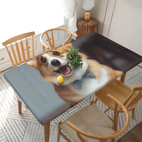 DCARSETCV Rechteckige Tischdecke mit niedlichem Corgi-Kunstdruck und Blumendruck, passend für 152 cm Tisch, Stoff, elastischer Rand, Tischdecke für Küche, Esszimmer, Party, Hochzeit von DCARSETCV