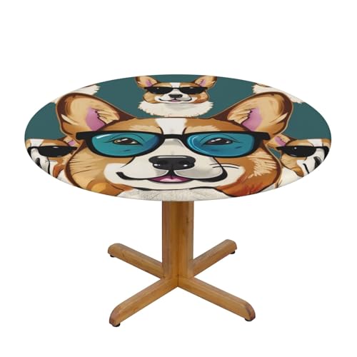 DCARSETCV Runde Tischdecke mit niedlichem Corgi-Gläsern und Schnurrbärten, bedruckt, kleine Größe, Stofftischdecke, waschbar, Tischdecke mit elastischem Rand, für Küche, Esszimmer, Hochzeit, Partys von DCARSETCV