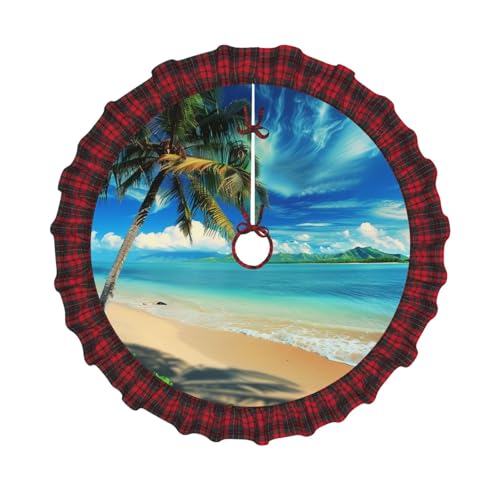Weihnachtsbaumdecke mit tropischer Palme, Hawaii-Strand, bedruckt, 121,9 cm, Weihnachtsbaum-Abdeckung, Matte, Dekoration, Bauernhaus, Baumröcke mit rotem Karomuster, Dekorationen für Zuhause, Party Weihnachtsbaumdecke mit tropischer Palme, Hawaii-Strand, bedruckt, 121,9 cm, Weihnachtsbaum-Abdeckung, Matte, Dekoration, Bauernhaus, Baumröcke mit rotem Karomuster, Dekorationen für Zuhause, Party von DCARSETCV