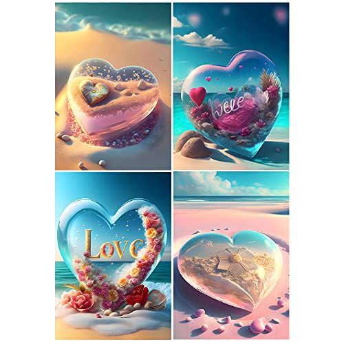 3D Ai Diamant Painting Bilder Herz Rose 4 Pack 30x40 cm Diamant Malerei Erwachsene Diamond Painting Valentinstag Diamond Painting Landschaft Strand und Meer Malen nach Zahlen für Anfänger Diamond Art von DCIDBEI