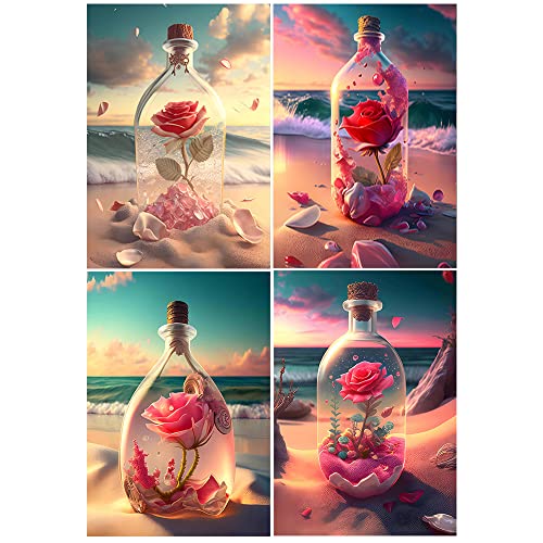 4 Pack Diamond Painting Valentinstag 30x40 cm Diamond Painting Landschaft Strand und Meer 3D Ai Diamond Painting Rose in Bottle Erwachsene Crystal Strass Stickerei Kreuzstich Sticken Set Erwachsene von DCIDBEI