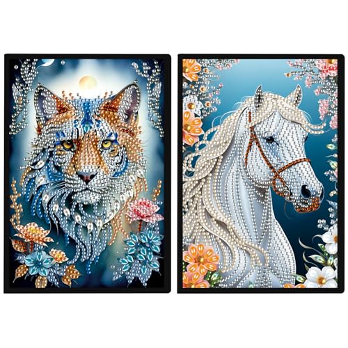 DCIDBEI 2 Pack DIY Diamond Painting Notizbuch Tiger Pferd A5 Blanko Diamant Malerei Tagebuch Skizzenbuch Buchen Strass Handwerk Diamond Painting Notizheft Studenten 50 Blätter von DCIDBEI