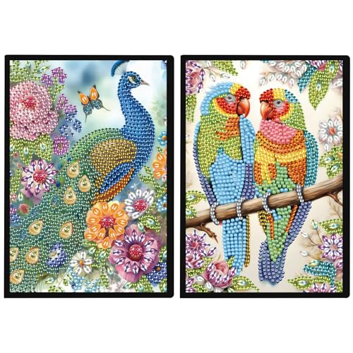 DCIDBEI 2 Pack Notizbuch Diamond Painting Notizbücher Papagei Pfau A5 Blanko Diamant Malerei Notebook Diamond Painting Notizheft Skizzenbuch Diamond Painting Tagebuch Studenten Geschenke 50 Blätter von DCIDBEI