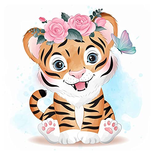 DCIDBEI 30 x 30 cm Diamond Painting Runde Stickerei Diamant-Malerei Anime,Diamant Painting Set Tiere für Kinder Erwachsene Anfänger Wanddekoration zu Hause (Babytiger mit Rosen) von DCIDBEI