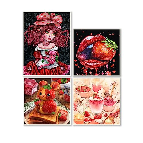 DCIDBEI 30 x 40/30 CM 5D Runde Diamond Painting Erdbeer-Mädchen, 4 Stücke Diamant Stickerei Früchte, Puzzle Diamant Prinzessin Erwachsene, Wohnzimmer-Schlafzimmer-Dekoration von DCIDBEI