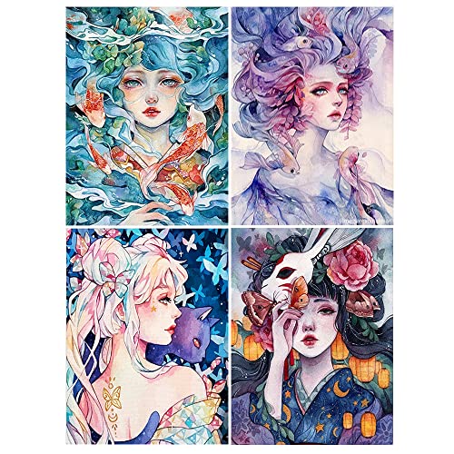 DCIDBEI 30 x 40CM 4er Set Diamond Painting Japanerin, Diamant-Malerei Manga Mädchen, Diamant Painting Frau Tiere Fisch für Kinder, Dekorieren Handwerk Haus Schlafzimmer Mode Erwachsene von DCIDBEI