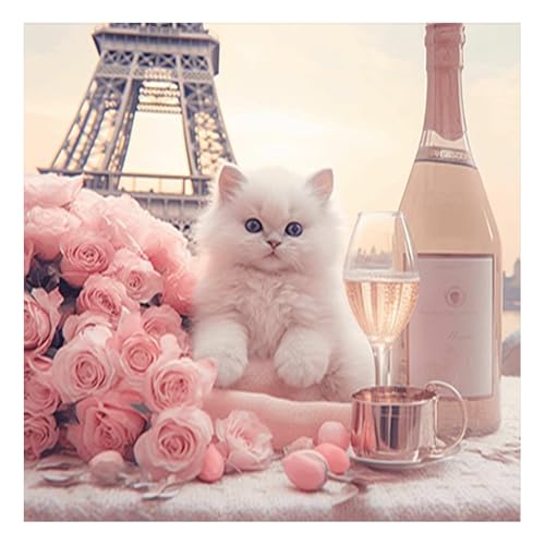 DCIDBEI 30x30CM Runde Diamond Painting Weiße Katze, 5D Diamant Malerei Eiffelturm für Erwachsene, Diamant Painting Bilder Rosa, DIY kreative Freizeit, Diamond Art, Geschenk Party, Wanddekoration von DCIDBEI