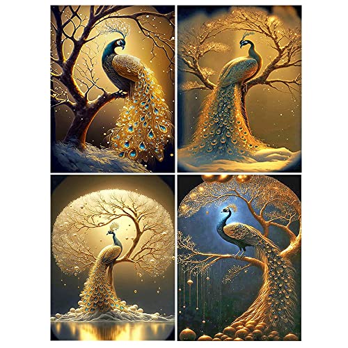 DCIDBEI 30x40CM 4 Pcs Diamond Painting Goldener Pfau, Erwachsene Diamant Painting Bilder Feenvogel Diamant-Stickerei Tiere Kunsthandwerk Set Kinder, Geschenk, Schwester Party || Pfau am Baum von DCIDBEI