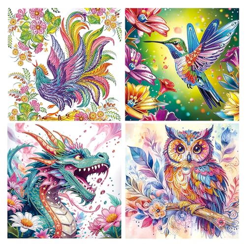 DCIDBEI 4 Pack Diamond Painting Drachen 30x30cm Diamond Painting DIY Special Geformte Diamant Malerei Hahn Diamond Painting Bilder Eule Malen nach Zahlen Tiere Fantasy Drachen Perlen Bilder Vogel von DCIDBEI