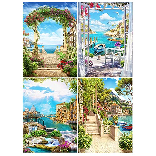 DCIDBEI 4 Pack Diamond Painting Fensterbilder 40x50 cm Diamant Painting Bilder Landschaften Diamond Painting Fenster zum Meer Kreuzstich Stickerei Malerei Kits Malen nach Zahlen Erwachsene Mosaik von DCIDBEI