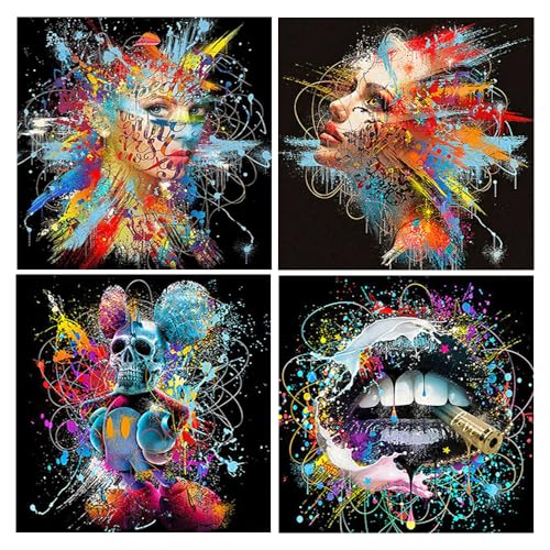 DCIDBEI 4 Pack Diamond Painting Graffiti Street Art Frauen 30x30cm Perlenbilder Erwachsene Abstrakt Sexy Diamant Painting Pop Art Malen nach Zahlen Skull Totenkopf Schädel Sexy Mund von DCIDBEI