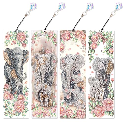 DCIDBEI 4 Pack Diamond Painting Lesezeichen Bunt Set Malen nach Zahlen Erwachsene Seite Markierungen Clip Bookmark Für Bücher Seitenmarkierungsclip Lesezeichen Lesen Zubehör (Elefant) von DCIDBEI