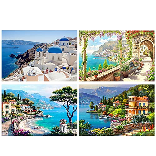 DCIDBEI 4 Pack Diamond Painting Vierer Set Landschaften 40x50 cm Diamant Painting Bilder Strand Malen nach Zahlen Strand und Meer Diamond Painting Griechenland Diamond Puzzle Landschaft Santonia von DCIDBEI