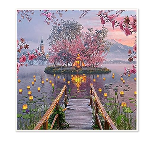 DCIDBEI 40 x 40 cm Quadratische Diamant-Stickerei Pfirsichblume, Diamond Painting Landschaft Berg, Diamond Art Erwachsene für Wanddekoration für Wohnzimmer Büro Schlafzimmer, Haus am See von DCIDBEI