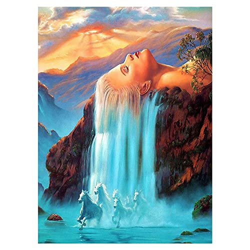 DCIDBEI 40 x 50 cm DIY 5D Runde Diamant Malerei Landschaft Magische Berge,Diamond Painting Kits Pferd Set Diamant Painting Natur Frau,Wohnzimmer Schlafzimmer Dekoration Wandtattoo-Wasserfall Damen von DCIDBEI