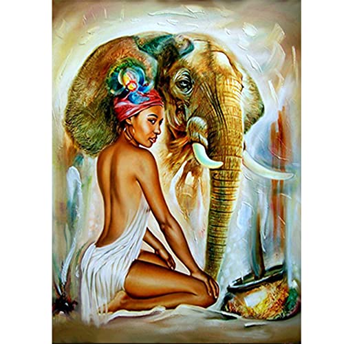 DCIDBEI 40x50CM DIY Diamond Painting Sexy Frau, Quadratisch Diamant Stickerei Set Erwachsene, Dekoration für Wohnzimmer/Schlafzimmer, Freund Geschenk || Afrikanerin und Elefant von DCIDBEI