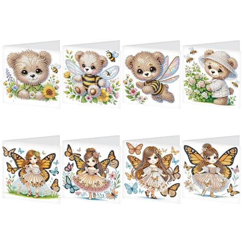 DCIDBEI DIY Diamond Painting Karten 8 PCS Strass Handwerk Grußkarte Diamant Painting Malerei Malen nach Zahlen Geschenkkarte Geburtstagskarten Geburtstag Karte (Bär Schmetterlingsfee) von DCIDBEI