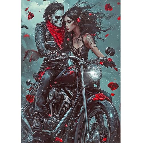 DCIDBEI DIY Diamond Painting Groß Starterset Schädel mit Glitzer Gothic 40x50cm Perlen Bilder Skull Motorrad 5D Diamant Malerei Gemälde Malen nach Zahlen Erwachsene Totenkopf auf Motorrad Leben Tod von DCIDBEI