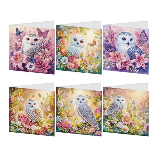 DCIDBEI DIY Diamond Painting Karten 6 PCS Strass Handwerk Grußkarte Diamant Painting Malerei Malen nach Zahlen Geschenkkarte Geburtstagskarten Geburtstag Karte (Eule Blumen) von DCIDBEI