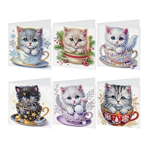 DCIDBEI DIY Diamond Painting Karten 6 PCS Strass Handwerk Grußkarte Diamant Painting Malerei Malen nach Zahlen Geschenkkarte Geburtstagskarten Geburtstag Karte (Katze in der Schüssel) von DCIDBEI