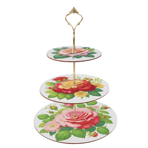 DCIDBEI Diamond Painting Dessert Ständer 3 Stöckig 25x32cm Diamant Painting Cupcake Ständer Gestufter Gebäck Snack Süßigkeiten Buffet Ausstellungsturm Servierplatte (Blumen Rose) von DCIDBEI