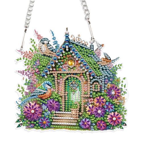 DCIDBEI Diamond Painting Ornamente mit Kette Vögel 14x15cm Diamond Painting Schilder Diamant Malerei Anhänger Pendant Plakette Haustürschild Wandschild für Anfänger Vogelhaus Vögel und Blumen von DCIDBEI