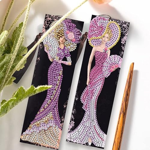 DCIDBEI Diy Diamond Painting Lesezeichen Damen, 2er-Set Diamant-Stickerei, Diamant-Kunst, Überraschung, Diamant Painting Bild, Geschenk für Geburtstag, Weihnachten (Frau im Violett und Rosa Kleid) von DCIDBEI