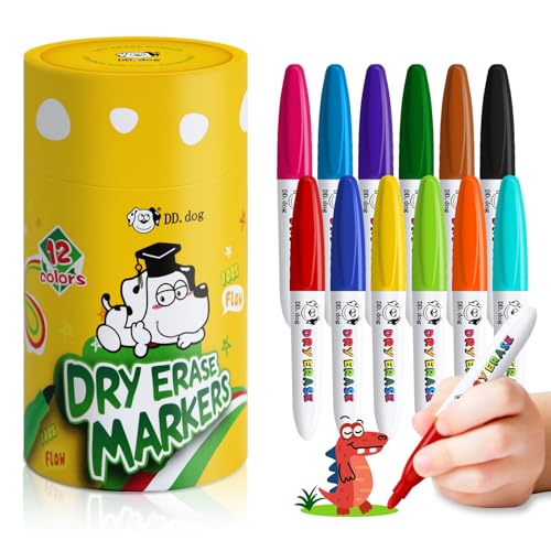 DD.DOG 12 Farben Mini Whiteboard-Marker für Kinder – Ungiftige Trockenabwischbare Stifte mit feiner Spitze, geruchsarme Whiteboard-Marker Set für Klassenzimmer, Zuhause & Schreibwaren (12er Pack) von DD.DOG