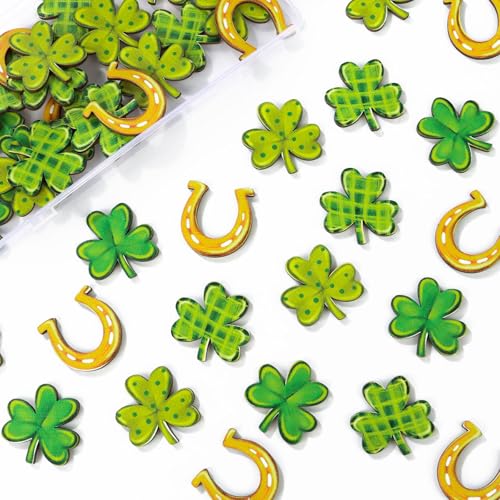 60 Stück St. Patricks Day Konfetti Tischdekorationen Holz-Konfetti Kleeblatt Hufeisen St. Patricks Day Karten Geschenktüten Dekoration Bastelbedarf für Kinder (Stil A) von DDLP