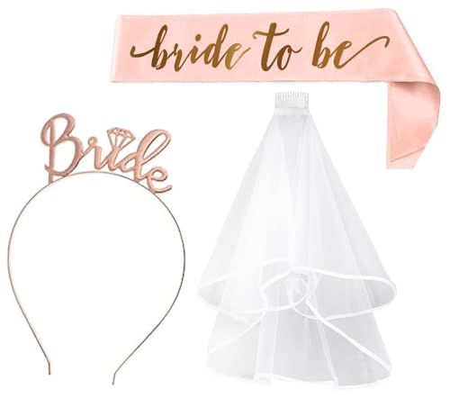 Schärpe und Schleier mit Diadem, Braut-Stirnband für Brautparty, Roségold, Hochzeitsdekoration, Junggesellinnenabschied, Dekoration, Partyspiele, 3 Stück von DDSHUN