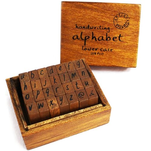 DEAD SKIN Handschrift-Stil Holz Kleinbuchstaben Alphabet Stempel Set - 28pcs Kleine Buchstaben Gummistempel mit Holzbox für Journaling, Scrapbooking und DIY Handwerk von DEAD SKIN