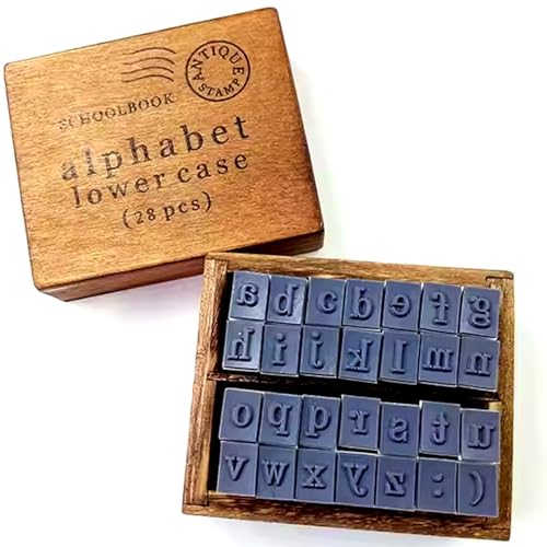 DEAD SKIN Holz Kleinbuchstaben Alphabet Stempel Set Vintage Holzmaserung Gummistempel 26 Buchstaben und 2 Symbole Langer Griff Antik Stil in Holzkiste von DEAD SKIN
