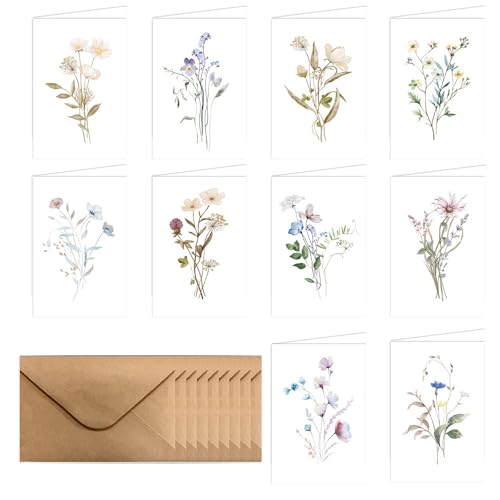 10er Set Geburtstagskarten, Blumenkarten, Naturkarton Klappkarte mit Briefumschlag, für Geburtstage Jubiläum, Abschlussfeier, Muttertag Vatertag (Blumig) von DEARBAG