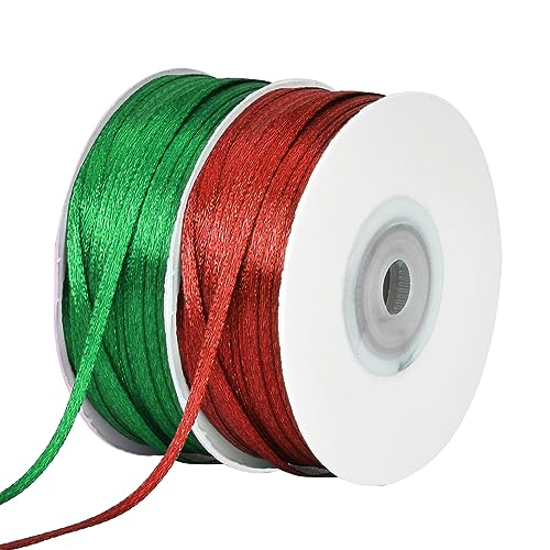 2 Stücke Satinband 3mm Grün und Rot, Weihnachtsband Geschenkband Schleifenband, 91 Meter 100 Yards Länge, Polyester Band für Hochzeit Weihnachten Erntedankfest Taufe Geburtstag Party von DEARBAG