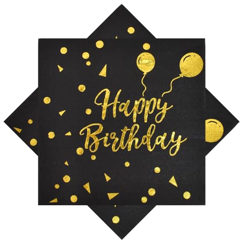 20 Stück Tischdekoration Papierservietten, 33x33cm Tischdekoration Servietten 2-Lagig, Happy Birthday Napkins mit Ballon Muster, Geburtstagsservietten für Geburtstag Party Deko (Schwarz Gold) von DEARBAG